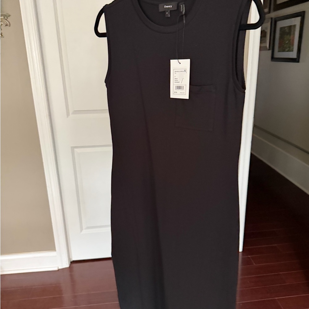 Theory Black Sleeveless Midi Tank Dress with Chest Pocket